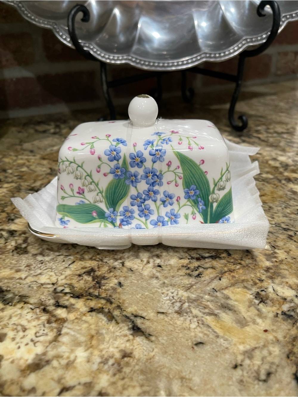 Grace Teaware blue pink and white floral design covered butter dish - brand new!